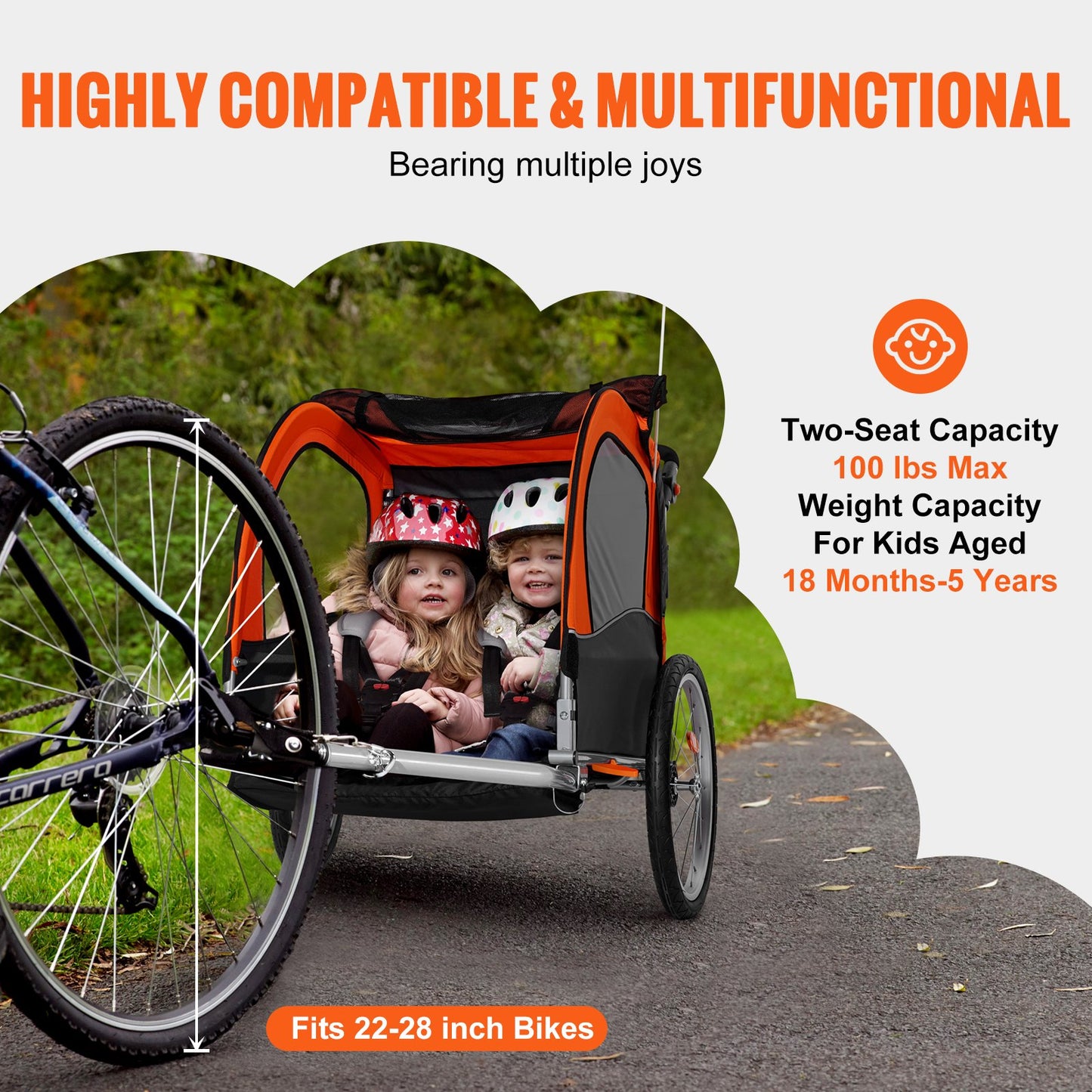 VEVOR Bike Trailer for Toddlers, Kids, Double Seat, 45 kg Load, 2-In-1 Canopy Carrier