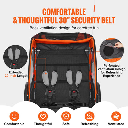 Double Seat Kids Bike Trailer & Stroller, 45 kg Load Capacity, Orange/Gray