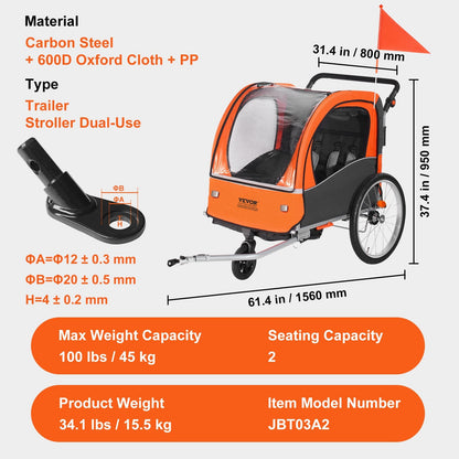 Double Seat Kids Bike Trailer & Stroller, 45 kg Load Capacity, Orange/Gray