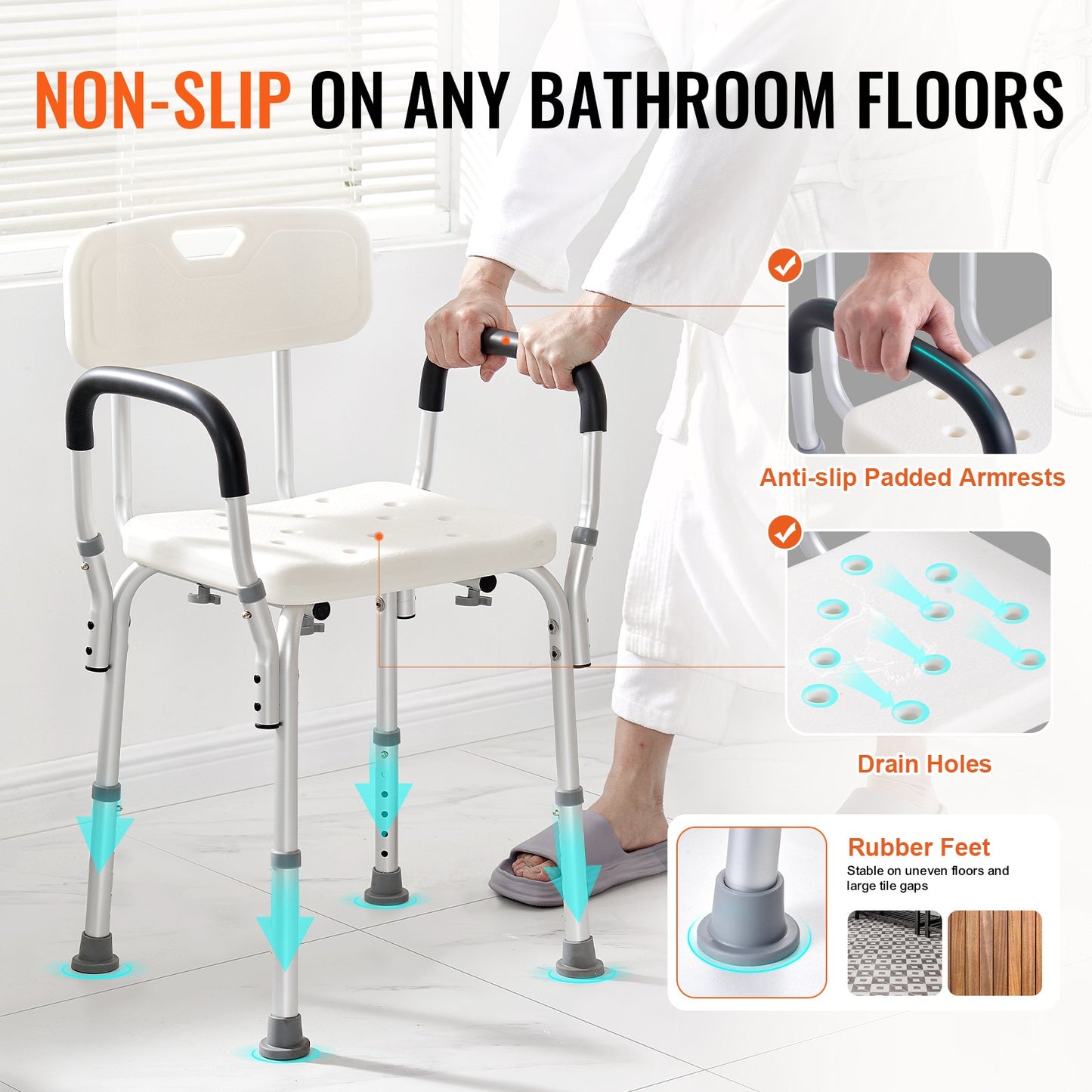 VEVOR Shower Chair, Shower Seat with Back, Adjustable Height Shower Stool, Shower