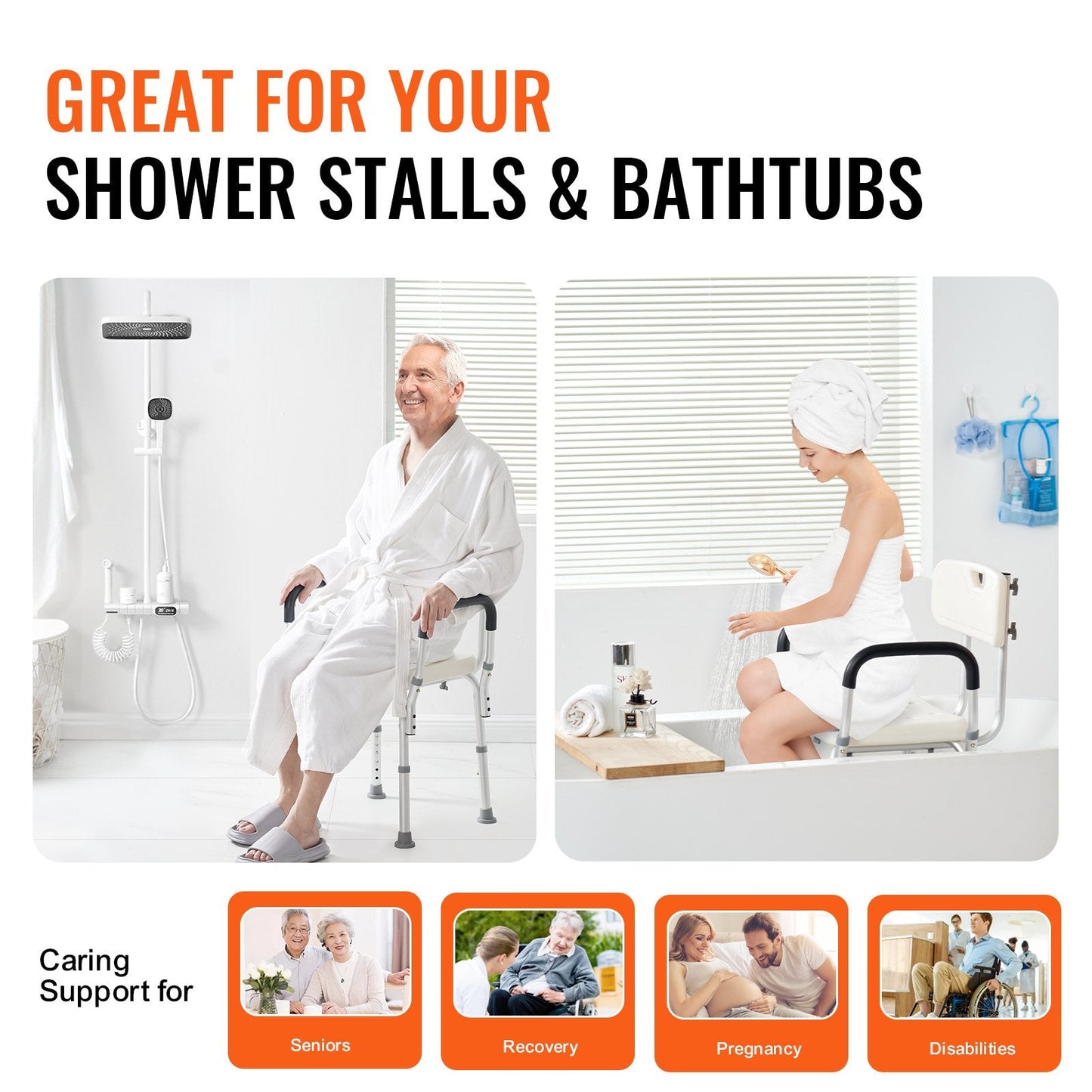 Adjustable Shower Chair with Backrest, 158.8 kg Capacity, 39-52 cm Height Range