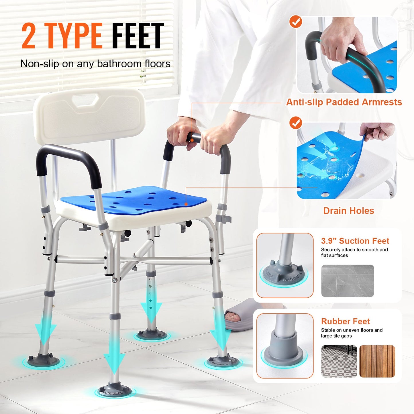 VEVOR Shower Chair Seat with Padded Arms and Back, Shower Stool with Reinforced