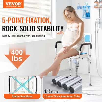 VEVOR Shower Chair Seat with Padded Armrests and Back, Shower Stool with Suction