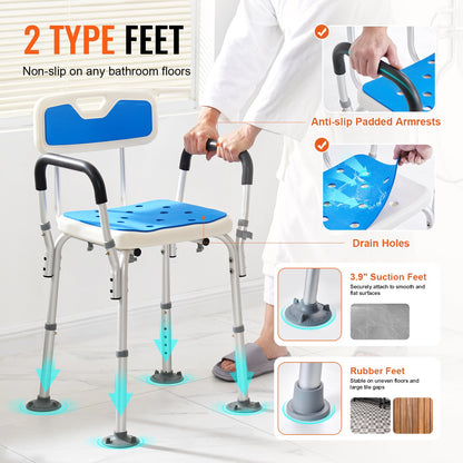 VEVOR Shower Chair Seat with Padded Armrests and Back, Shower Stool with Suction