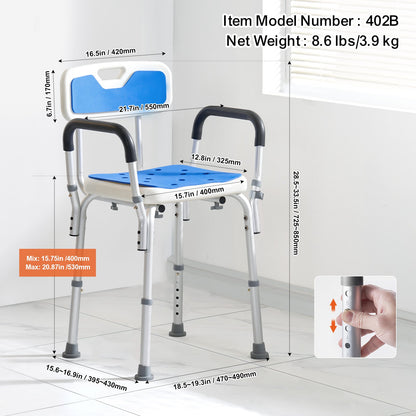 VEVOR Shower Chair Seat with Padded Armrests and Back, Shower Stool with Suction