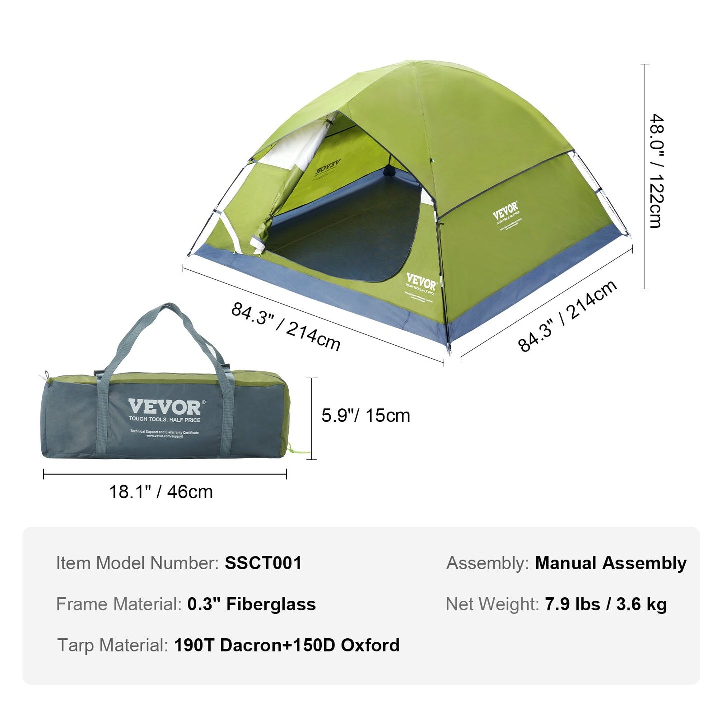 VEVOR Camping Tent, 7 x 7 x 4 ft Fit for 6 Person, Waterproof Lightweight Backpacking