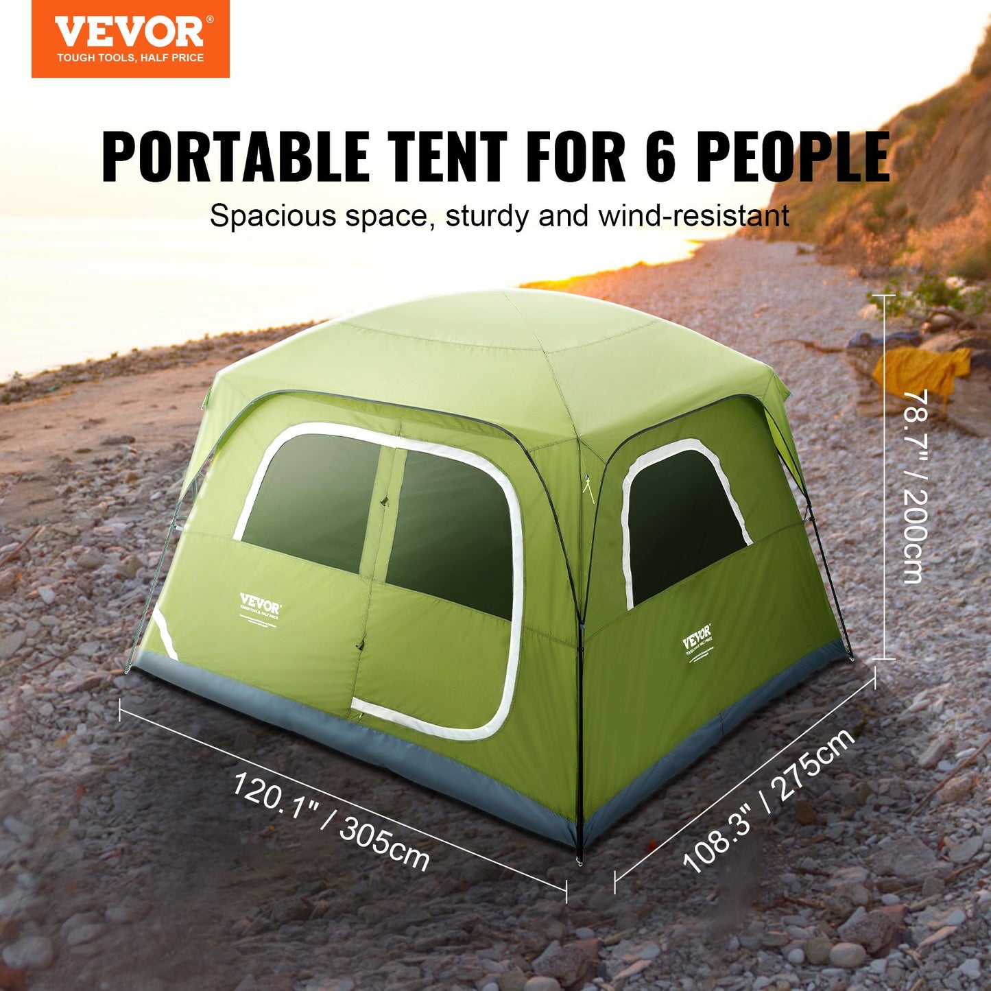 VEVOR Camping Tent, 10 x 9 x 6.5 ft Fit for 6 Person, Waterproof Lightweight Backpacking