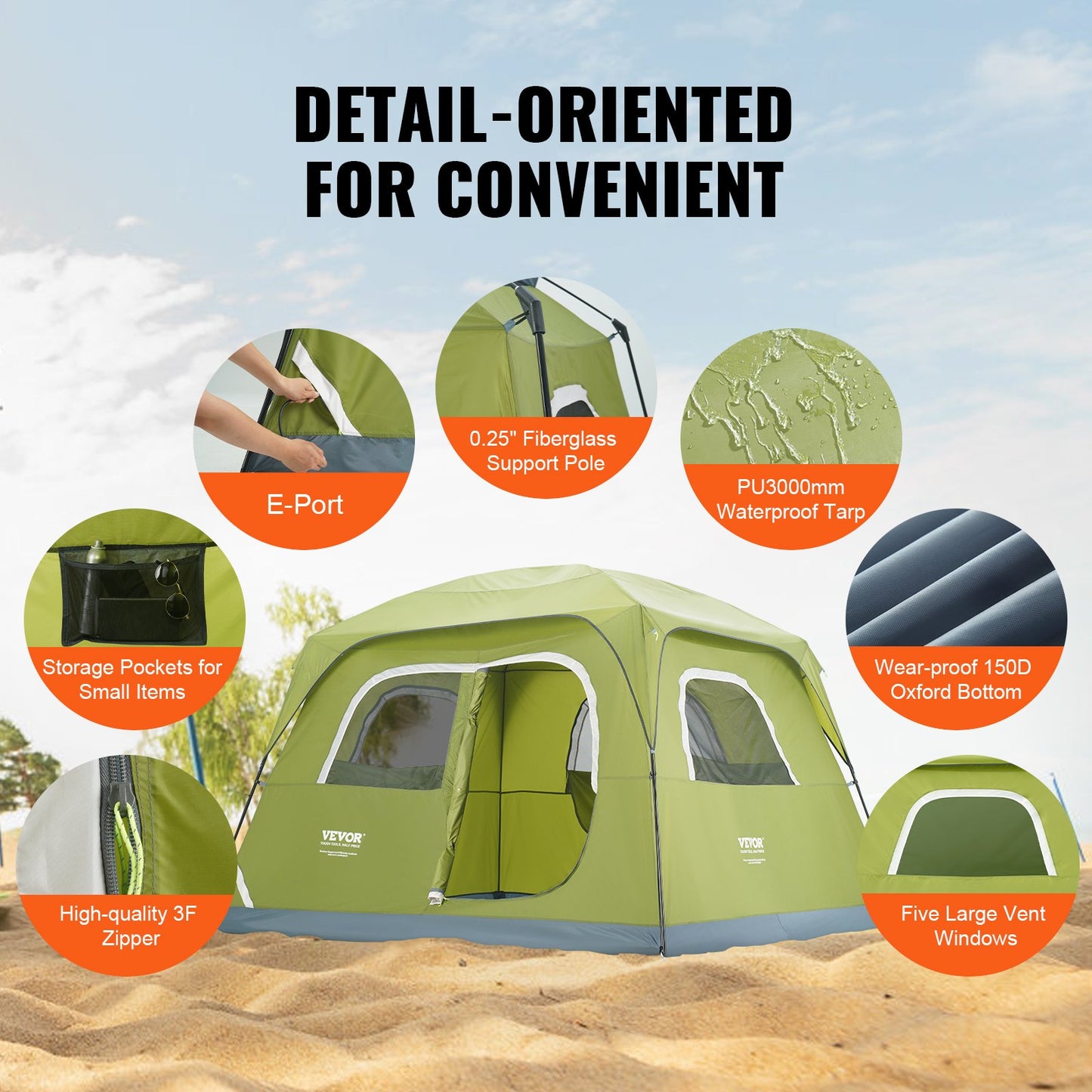 VEVOR Camping Tent, 10 x 9 x 6.5 ft Fit for 6 Person, Waterproof Lightweight Backpacking