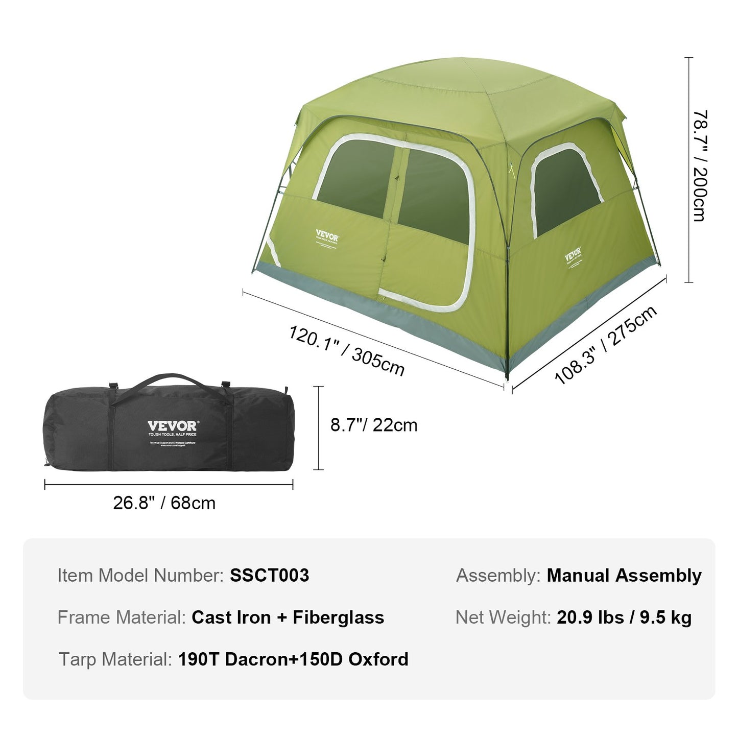 VEVOR Camping Tent, 10 x 9 x 6.5 ft Fit for 6 Person, Waterproof Lightweight Backpacking