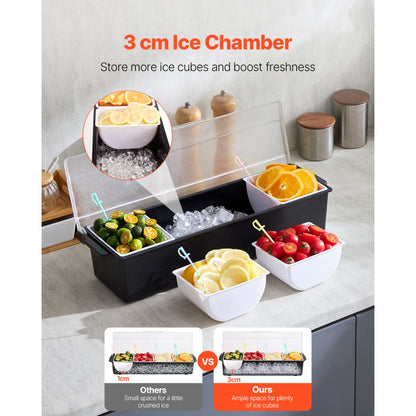 VEVOR Chilled Condiment Server 4 Compartment Cold Serving Tray with Clear Lid