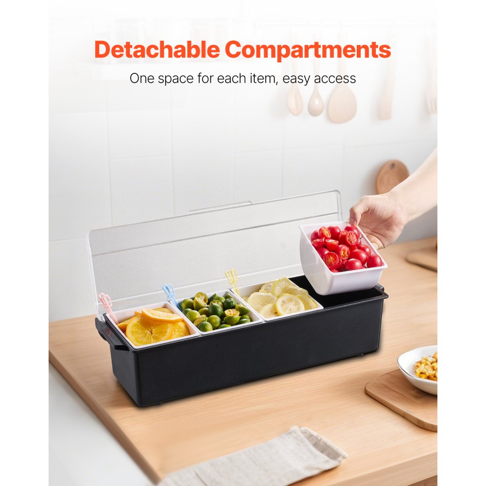 VEVOR Chilled Condiment Server 4 Compartment Cold Serving Tray with Clear Lid