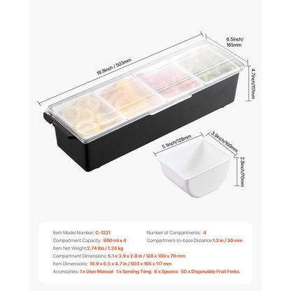 VEVOR Chilled Condiment Server 4 Compartment Cold Serving Tray with Clear Lid