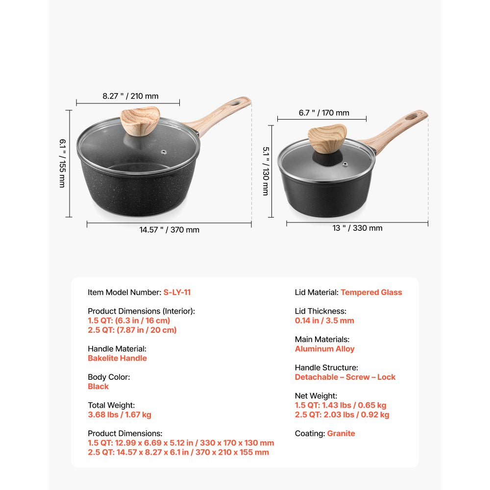 1.5 QT & 2.5 QT Nonstick Saucepan Set with Glass Lid & Detachable Handle