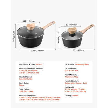 1.5 QT & 2.5 QT Nonstick Saucepan Set with Glass Lid & Detachable Handle