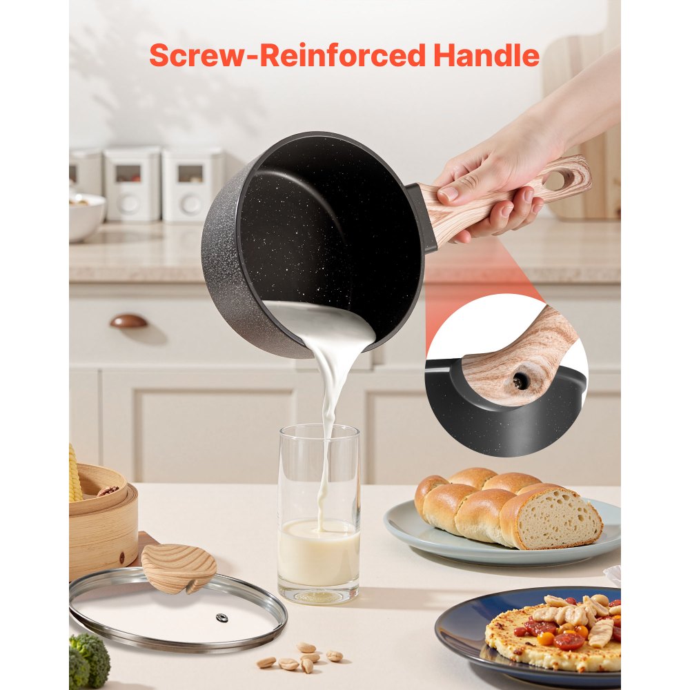 1.5 QT Saucepan Nonstick Saucepan with Glass Lid & Detachable Handle Black