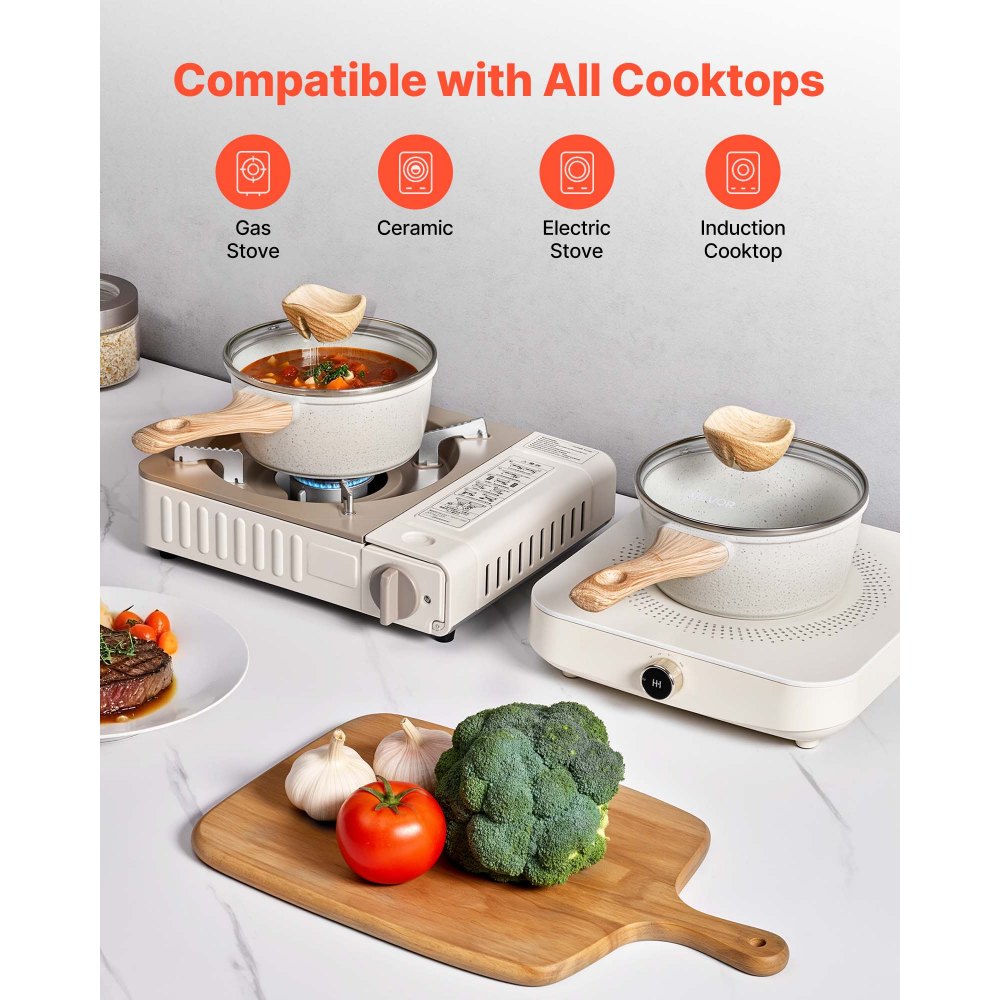 1.5 QT Saucepan Nonstick Saucepan with Glass Lid & Detachable Handle White