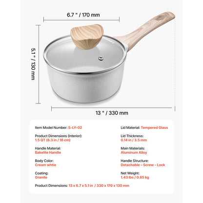 1.5 QT Saucepan Nonstick Saucepan with Glass Lid & Detachable Handle White