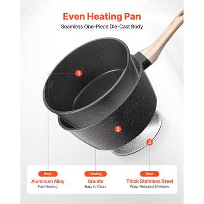 2.5 QT Saucepan Nonstick Saucepan with Glass Lid & Detachable Handle Black