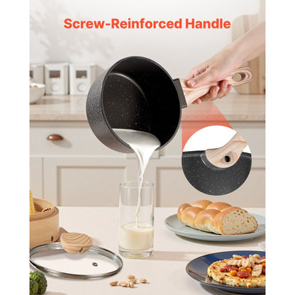 2.5 QT Saucepan Nonstick Saucepan with Glass Lid & Detachable Handle Black