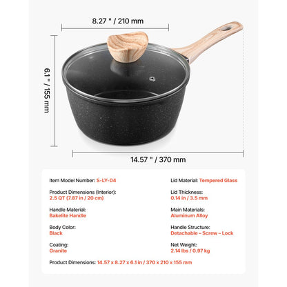 2.5 QT Saucepan Nonstick Saucepan with Glass Lid & Detachable Handle Black