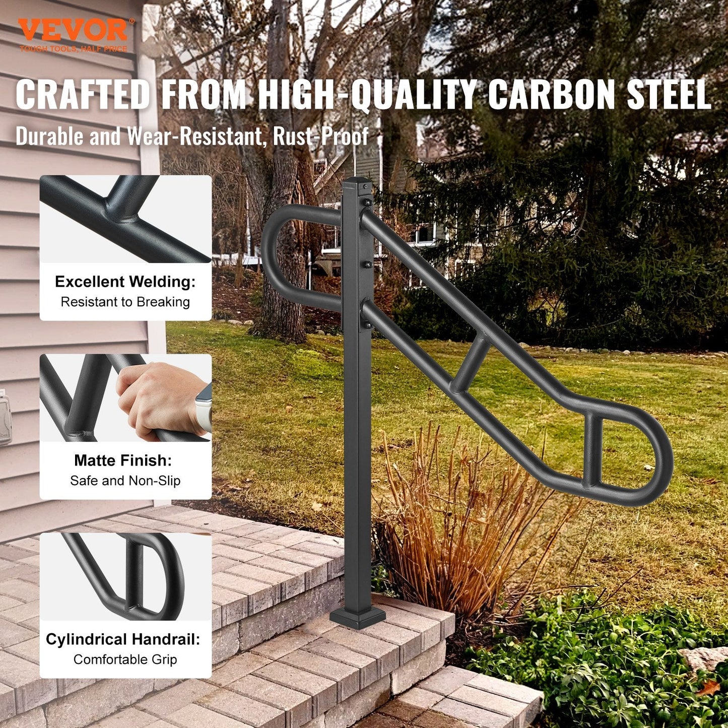 Outdoor Single Post Stair Handrail for 1-3 Steps, 113 kg Capacity, 1.02 m Height