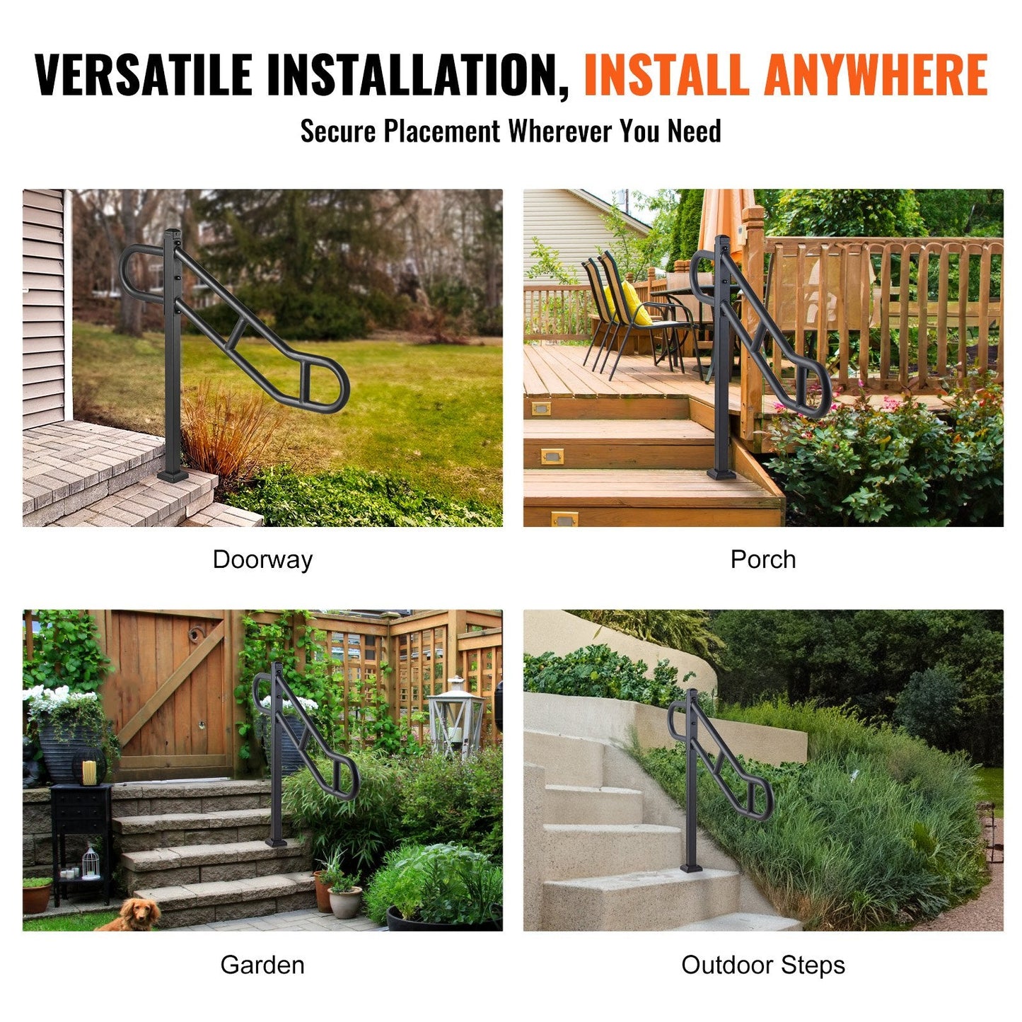 Outdoor Single Post Stair Handrail for 1-3 Steps, 113 kg Capacity, 1.02 m Height