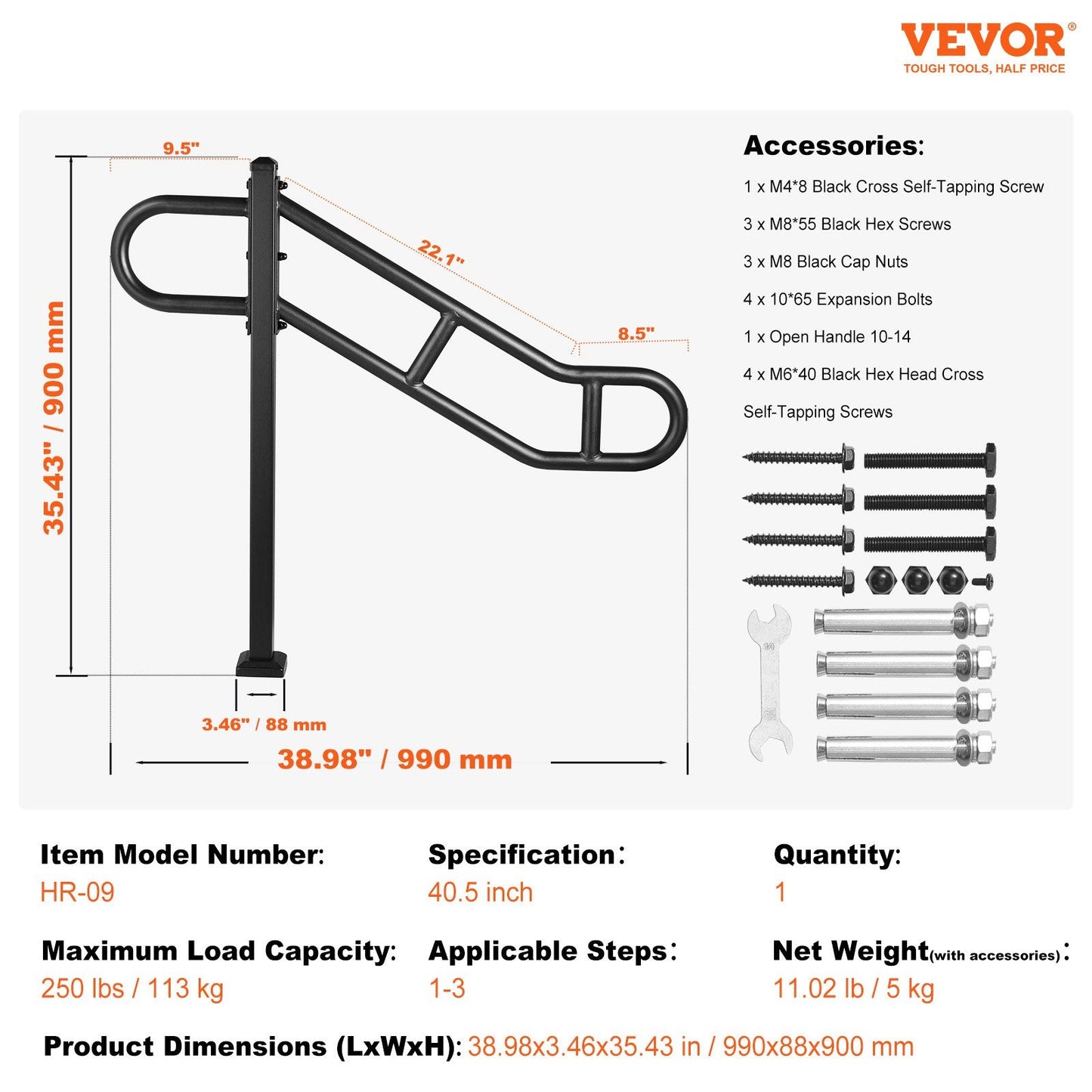 Outdoor Single Post Stair Handrail for 1-3 Steps, 113 kg Capacity, 1.02 m Height