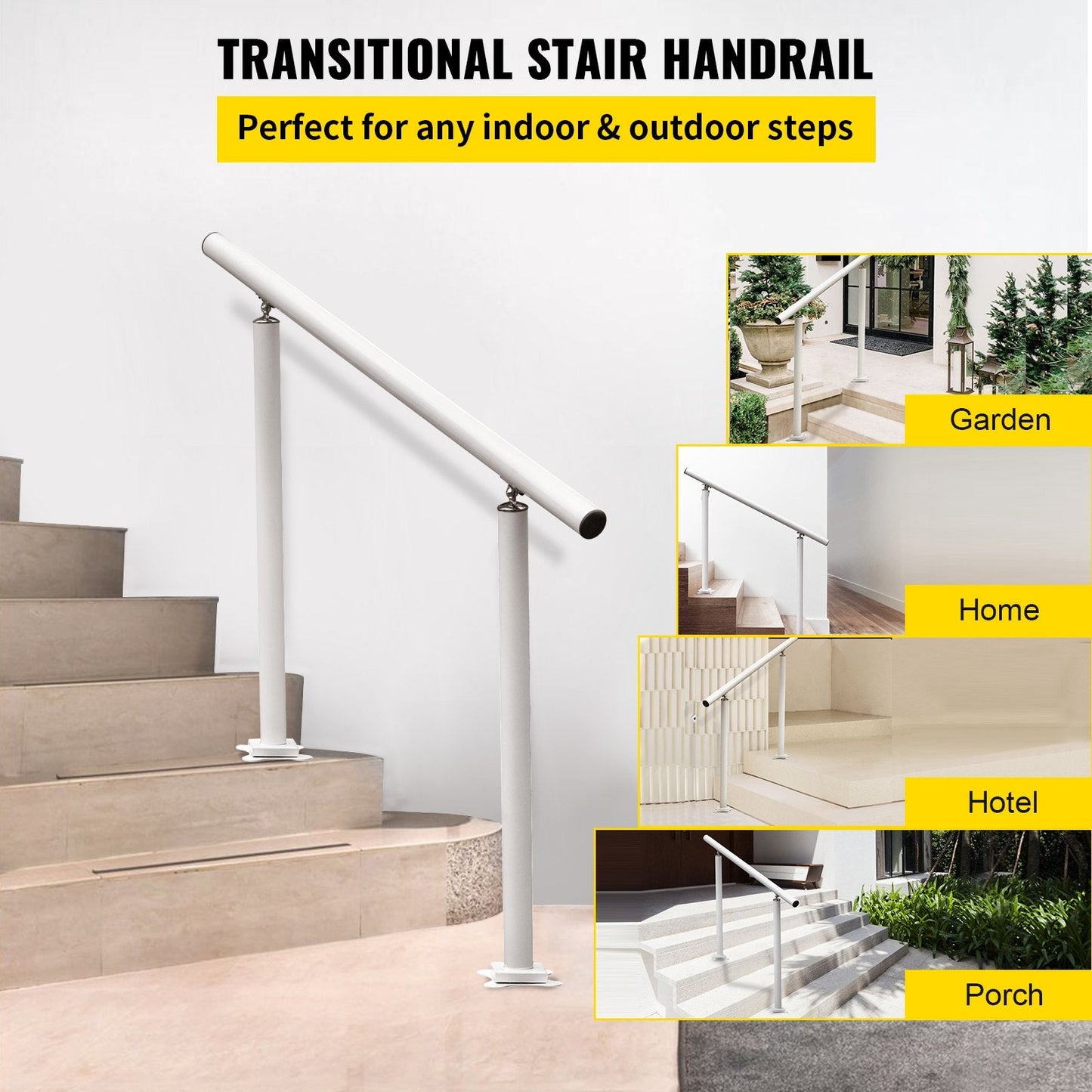Adjustable Outdoor Handrail for 1-3 Steps, 3ft (0.91m), 75kg Capacity, White Aluminum