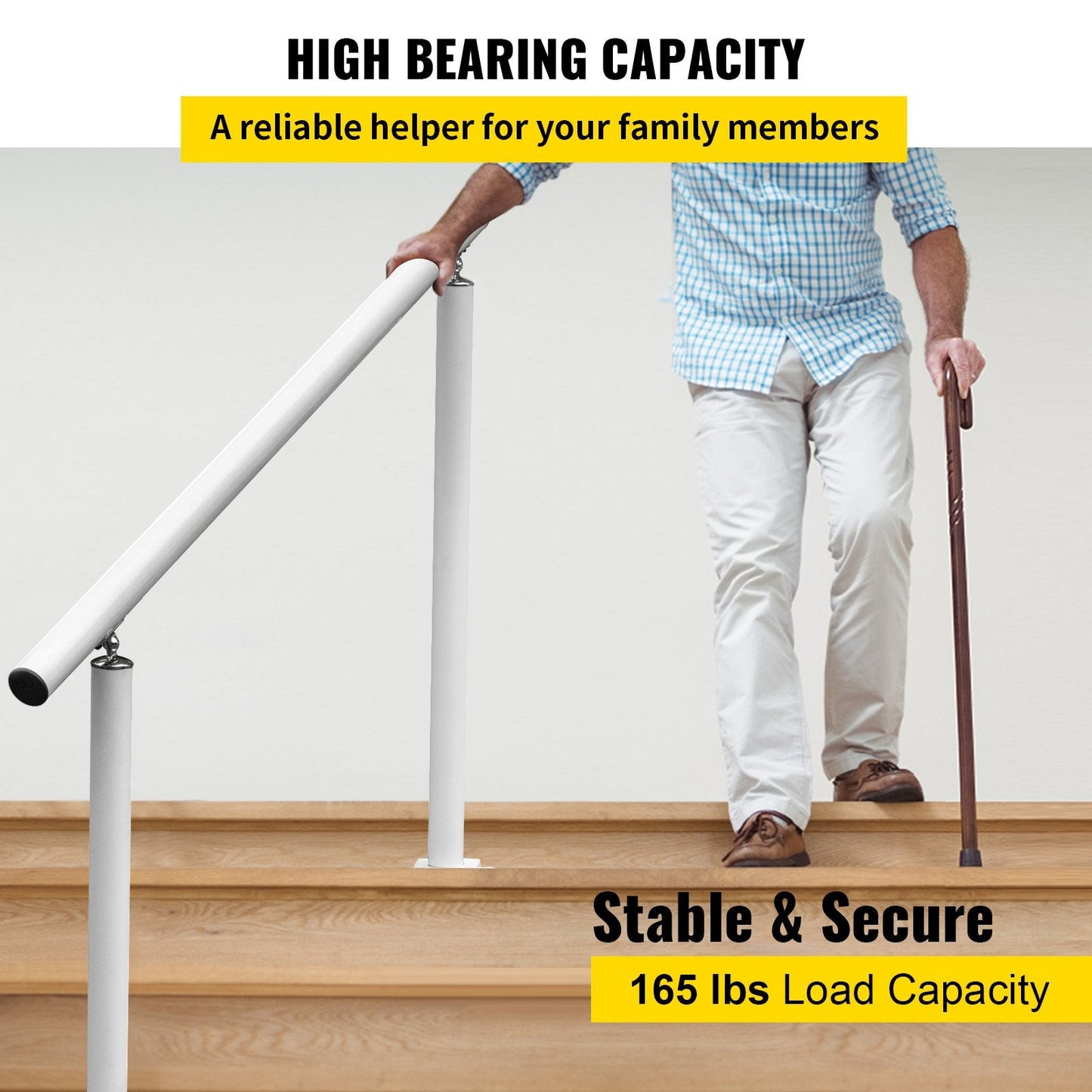 Adjustable Outdoor Handrail for 1-3 Steps, 3ft (0.91m), 75kg Capacity, White Aluminum