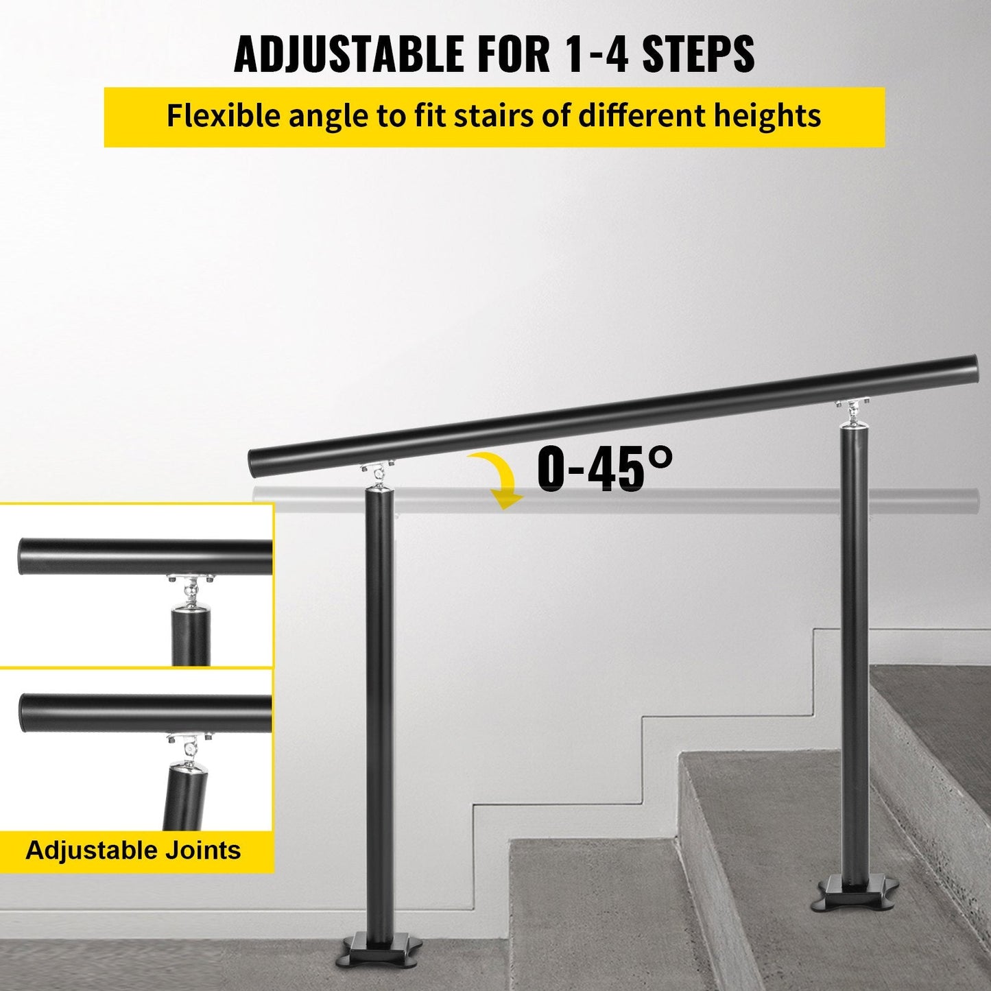 Adjustable Black Aluminum Outdoor Stair Handrail, Fits 1-4 Steps, 75 kg Capacity