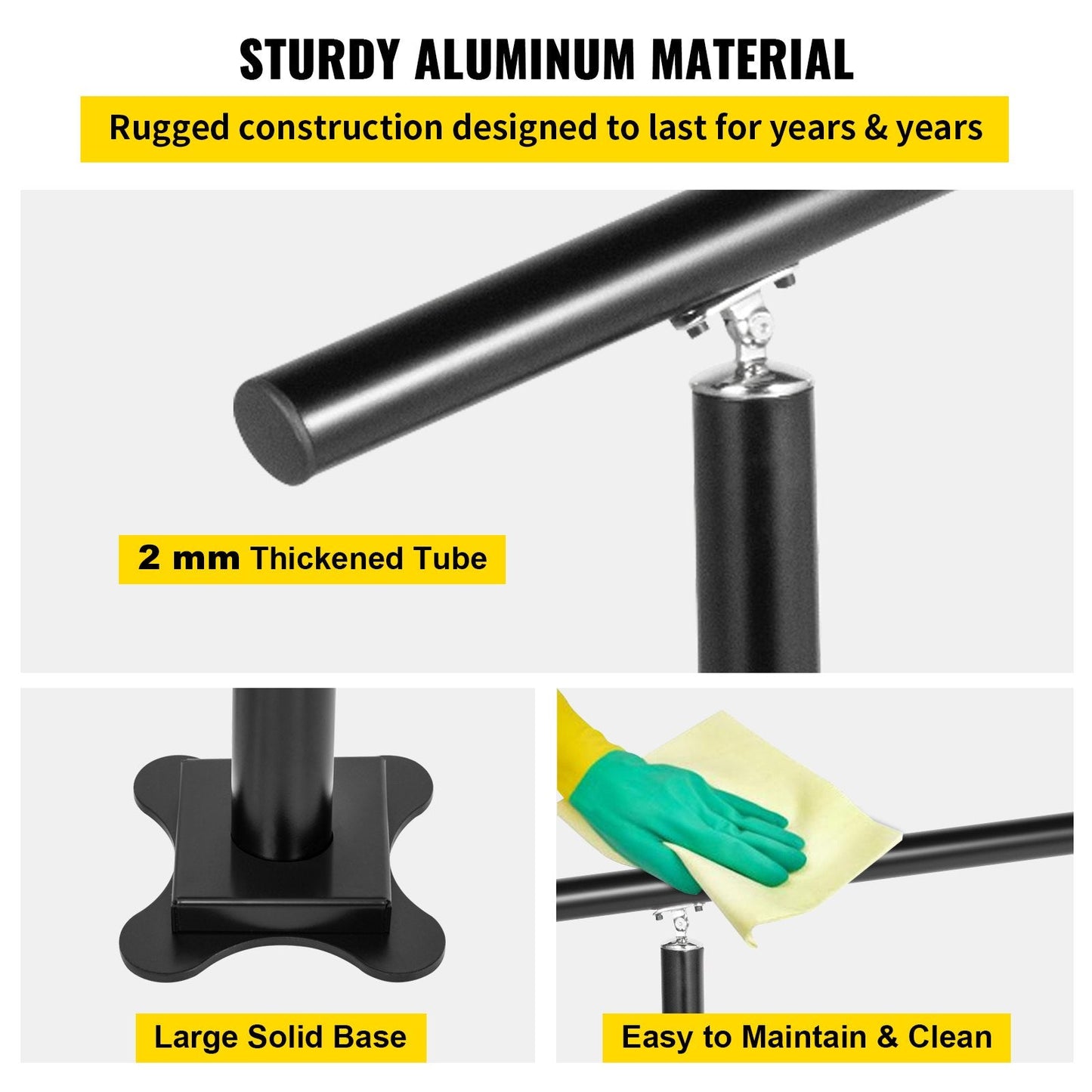 Adjustable Black Aluminum Outdoor Stair Handrail, Fits 1-4 Steps, 75 kg Capacity