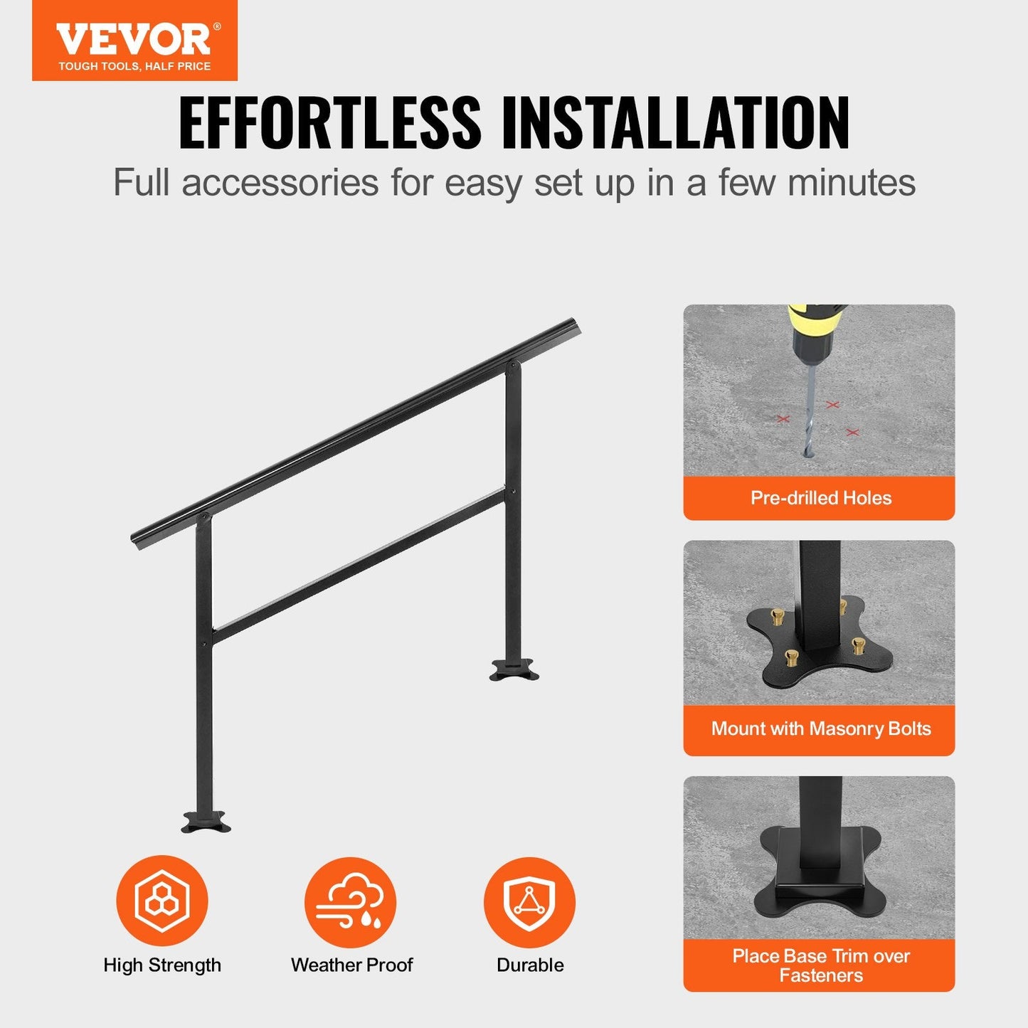 Adjustable Outdoor Stair Handrail, Black Aluminum, Fits 3-4 Steps, 75 kg Capacity