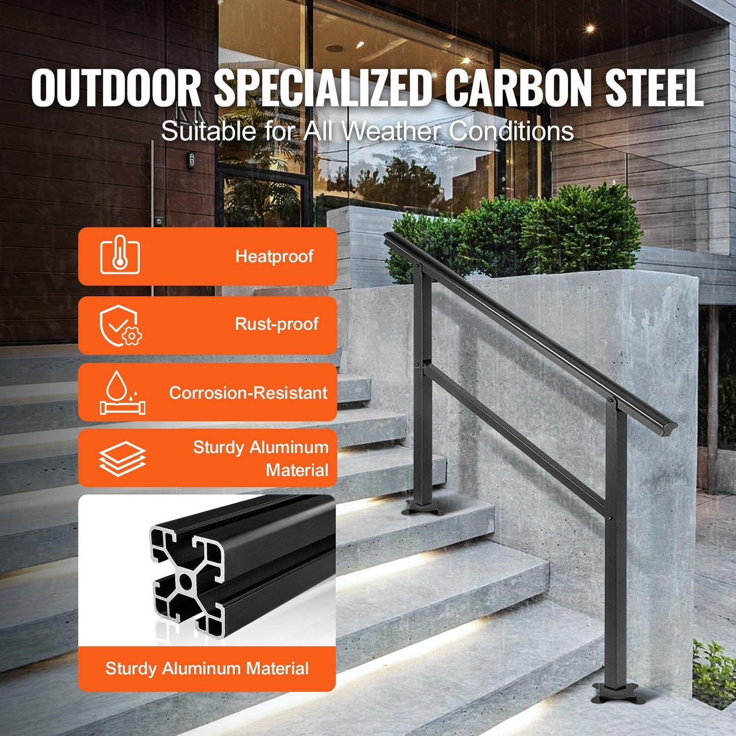 Adjustable Outdoor Stair Handrail, Black Aluminum, Fits 3-4 Steps, 75 kg Capacity