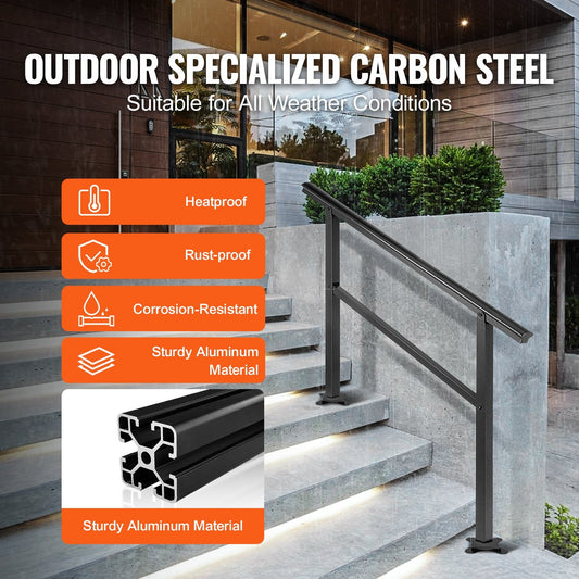 Adjustable Outdoor Stair Handrail, Black Aluminum, Fits 3-4 Steps, 75 kg Capacity