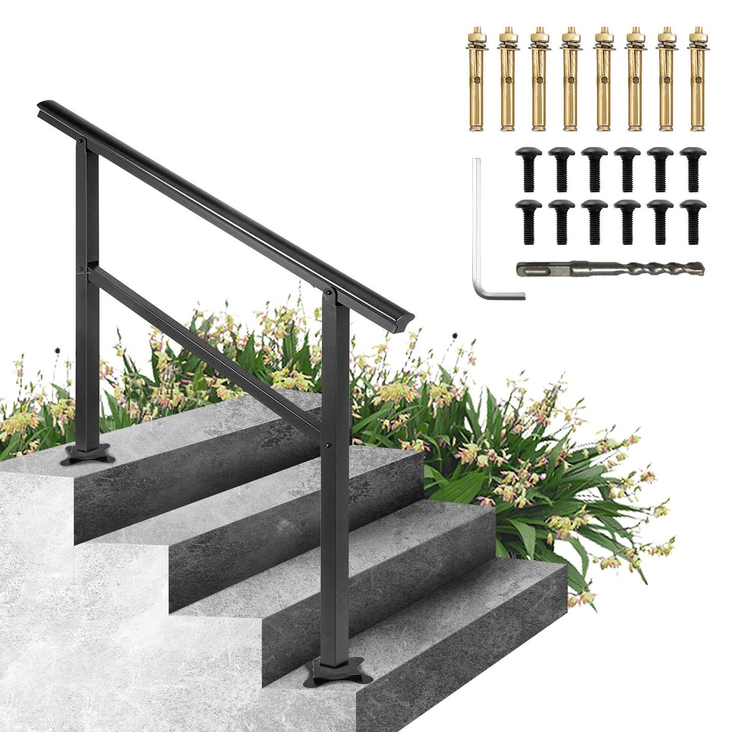 Adjustable Outdoor Stair Handrail, Black Aluminum, Fits 3-4 Steps, 75 kg Capacity
