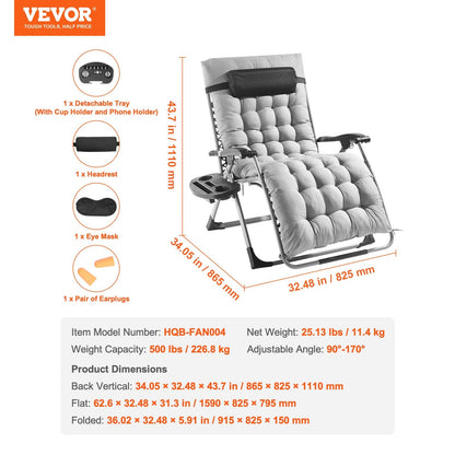 Zero Gravity Recliner Chair with Adjustable Recline & Cushioned Pad, 2.5m, 227kg