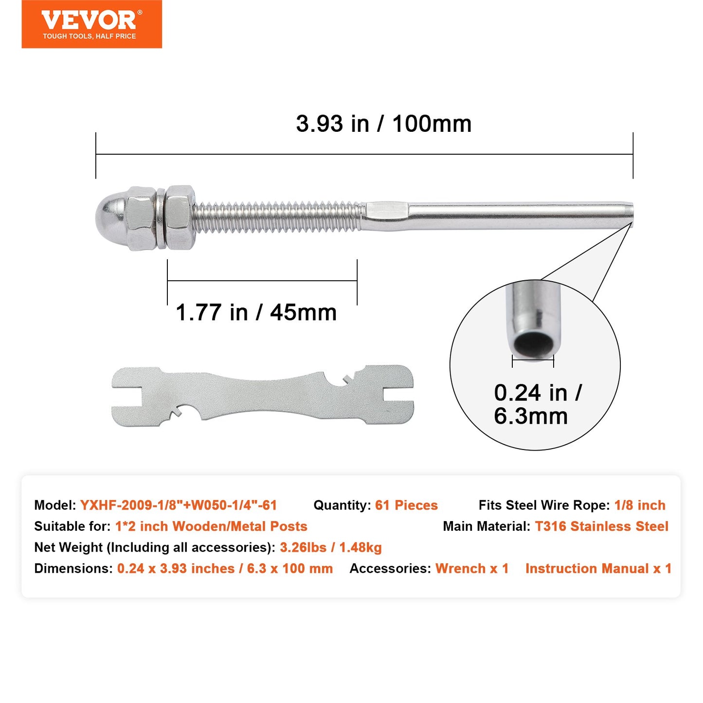 VEVOR 61 Pack Cable Railing Swage Threaded Stud Tension End Fitting Terminal for
