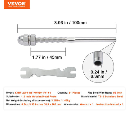 VEVOR 61 Pack Cable Railing Swage Threaded Stud Tension End Fitting Terminal for