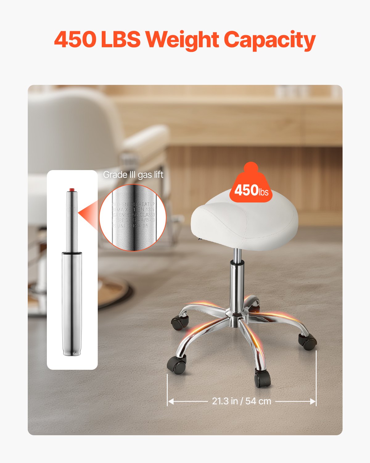 VEVOR Saddle Stool Swivel Stool with Wheels PU Leather Height Adjustable White