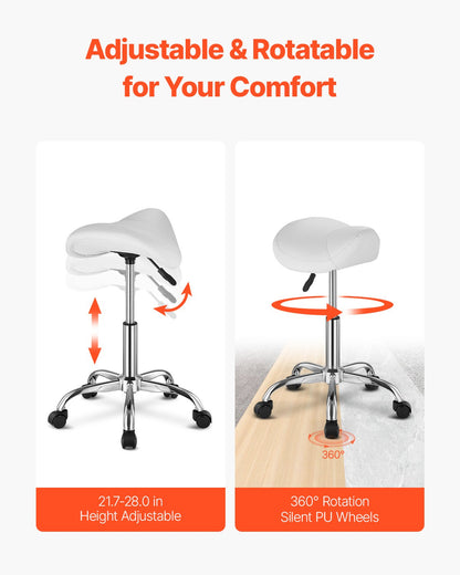 VEVOR Saddle Stool Swivel Stool with Wheels PU Leather Height Adjustable White