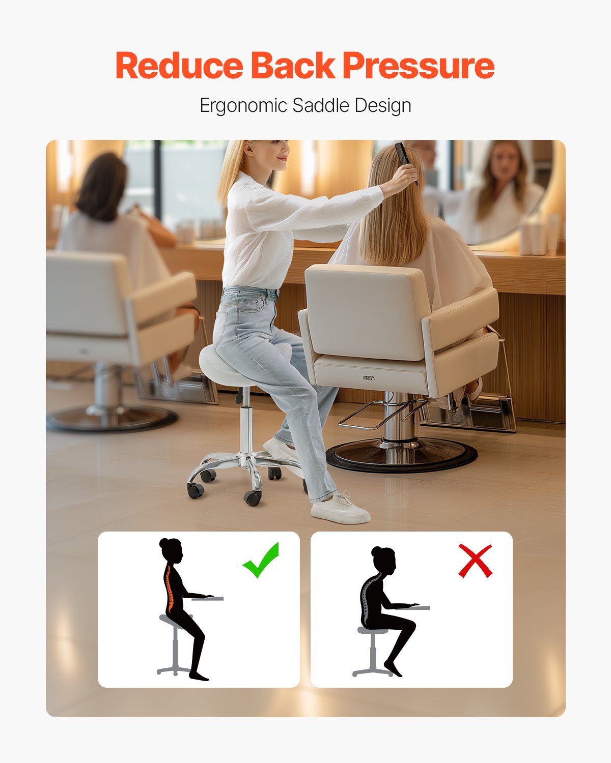 VEVOR Saddle Stool Swivel Stool with Wheels PU Leather Height Adjustable White