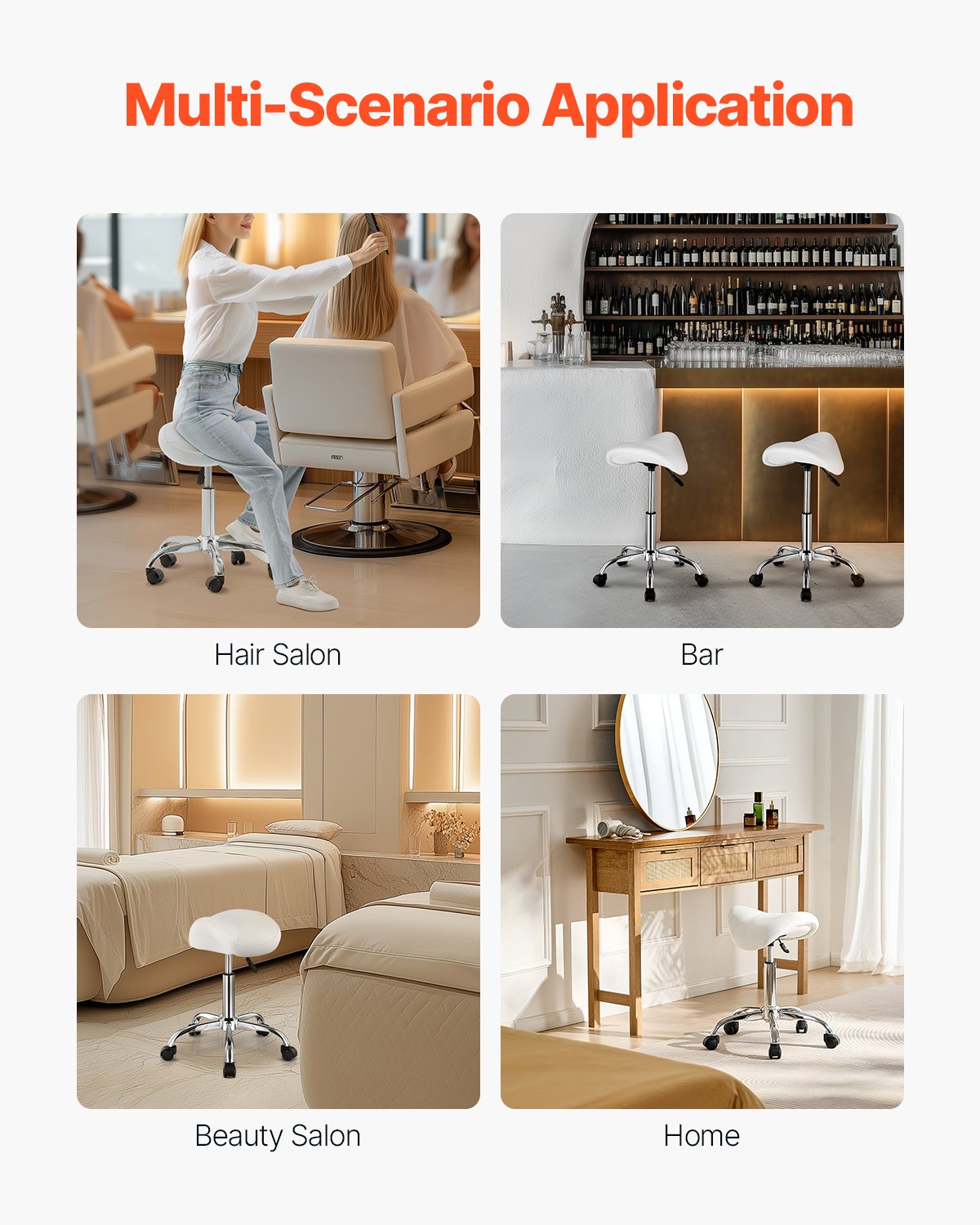 VEVOR Saddle Stool Swivel Stool with Wheels PU Leather Height Adjustable White