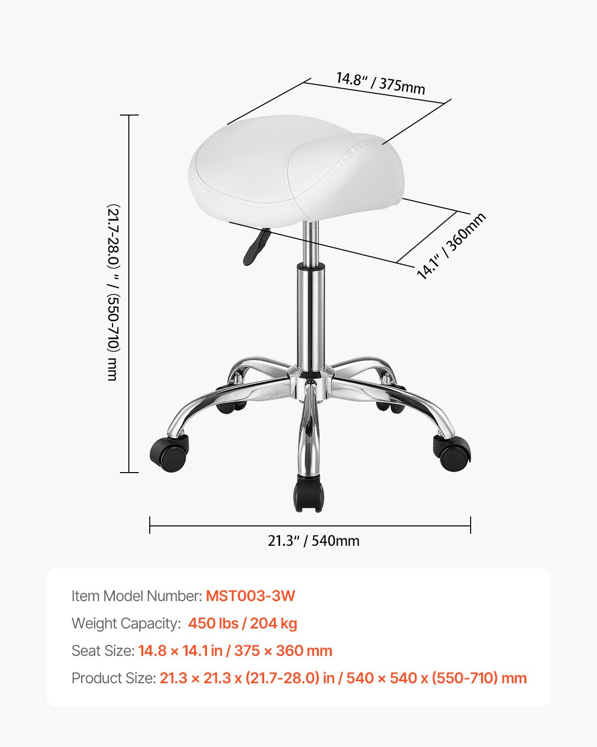 VEVOR Saddle Stool Swivel Stool with Wheels PU Leather Height Adjustable White