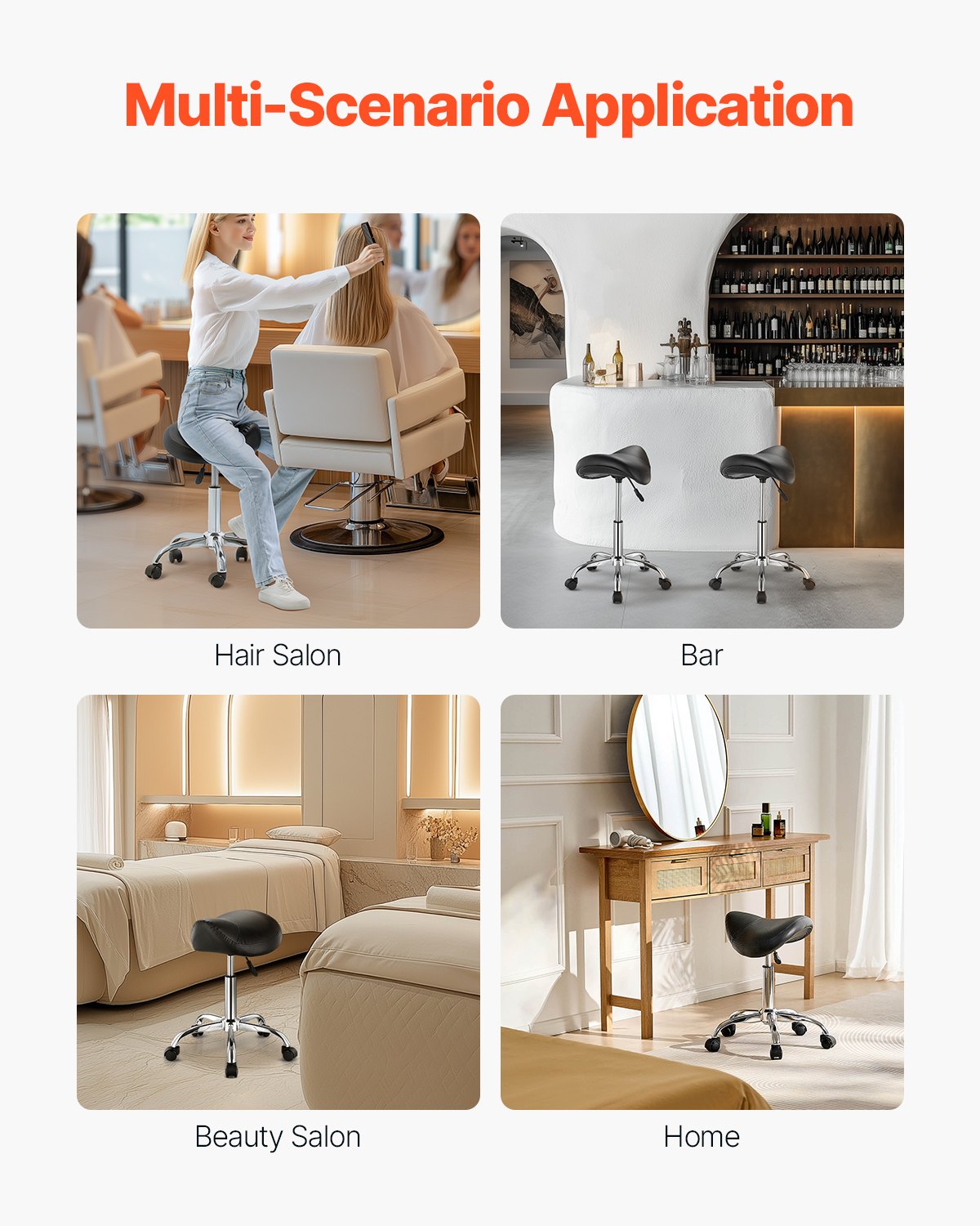 VEVOR Saddle Stool Swivel Stool with Wheels PU Leather Height Adjustable Black