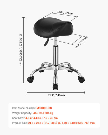 VEVOR Saddle Stool Swivel Stool with Wheels PU Leather Height Adjustable Black