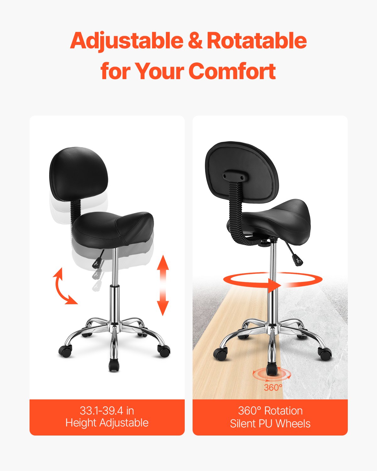 VEVOR Saddle Stool Swivel Stool with Backrest PU Leather Height Adjustable Black