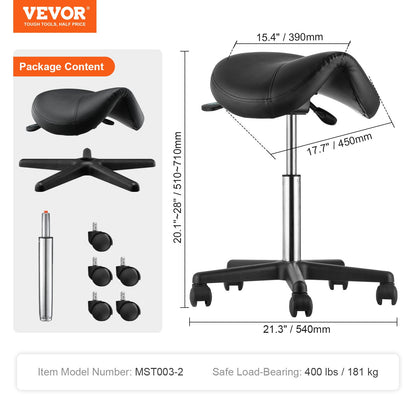 VEVOR Saddle Stool Rolling Chair, Ergonomic Saddle Chair with Wheels, Height Adjustable