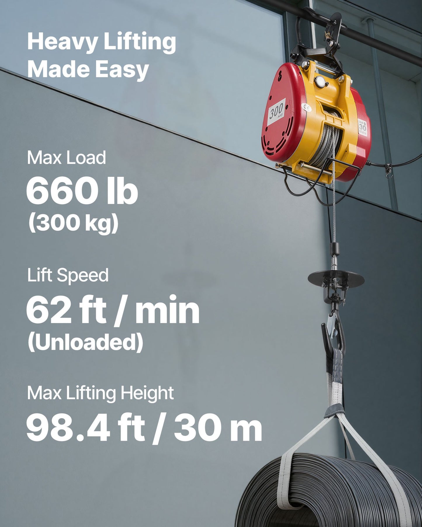 2-in-1 Electric Hoist Winch, 300 kg Capacity, 1500W Portable Power Winch Crane, 30 m Lifting Height, 18.9 m/min with Wired and Wireless Remote Control for Factory, Warehouss, Garage