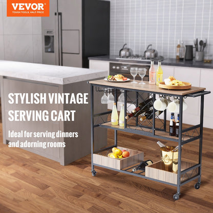 3-Tier Rolling Bar Cart with Wine Rack & Glass Holder, 136 kg Capacity