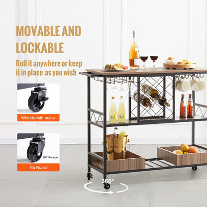 3-Tier Rolling Bar Cart with Wine Rack & Glass Holder, 136 kg Capacity